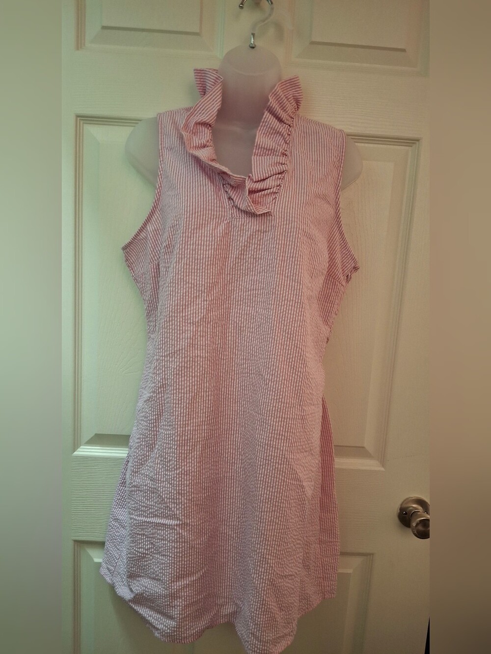 Mud Pie Pink Seersucker Ruffle Neck Dress